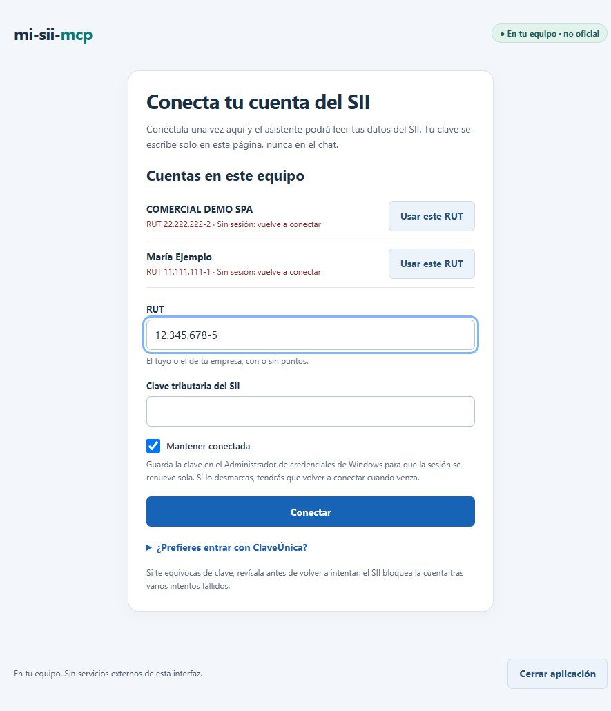 Página local de mi-sii-mcp para conectar la cuenta del SII, con cuentas de ejemplo y el RUT formateado automáticamente
